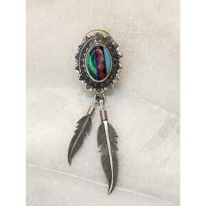 SINGLE QT Signed Sterling Silver Zuni Mosaic Feather Earring Turquoise Coral